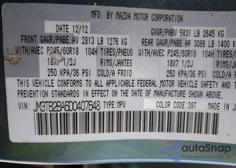 2013 Mazda Cx-9 Sport from USA, damaged, VIN JM3TB2BA6D0407648